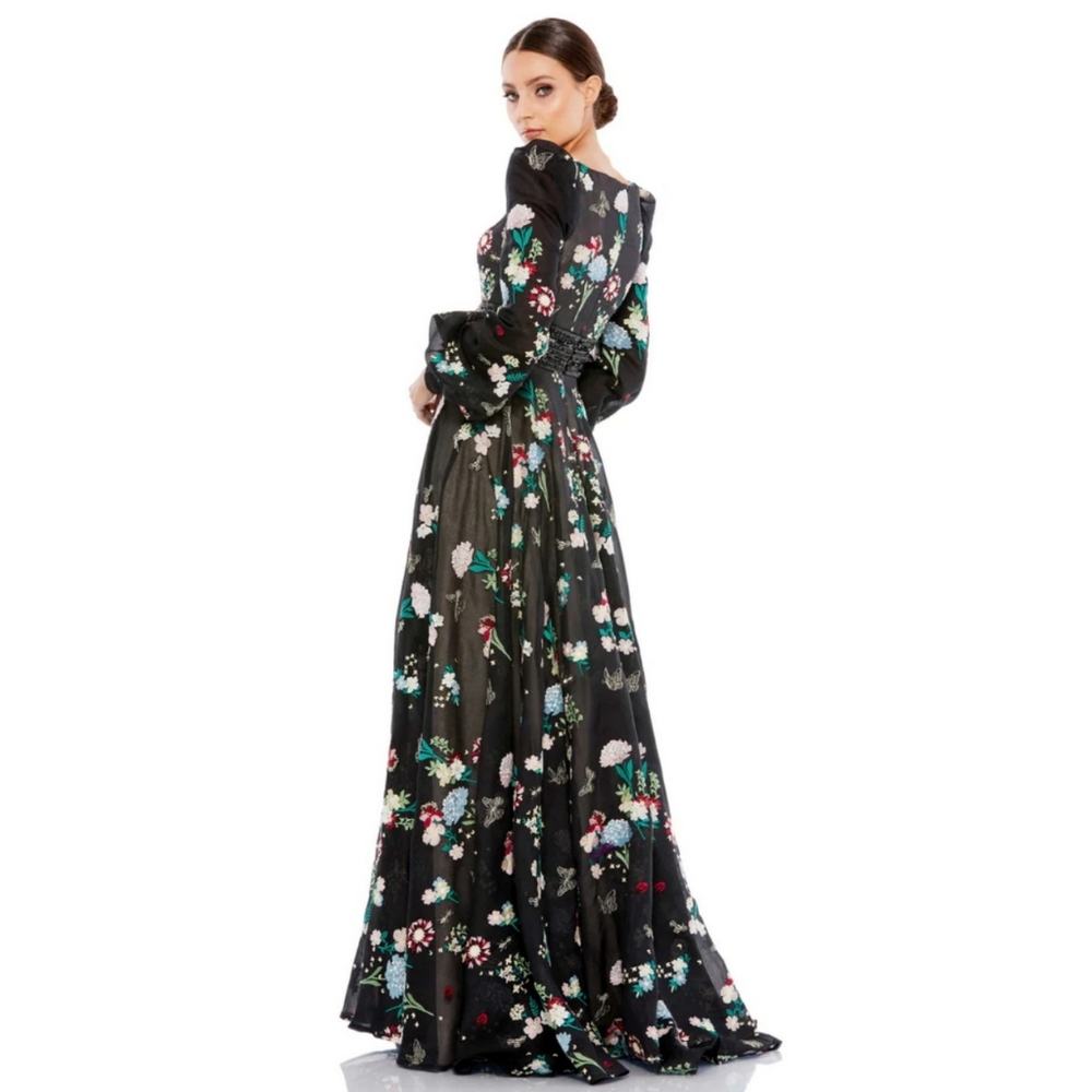 MAC DUGGAL Size 4 EMBROIDERED BISHOP SLEEVE V NECK FLOWY GOWN Dress Womens 4 - Picture 3 of 8